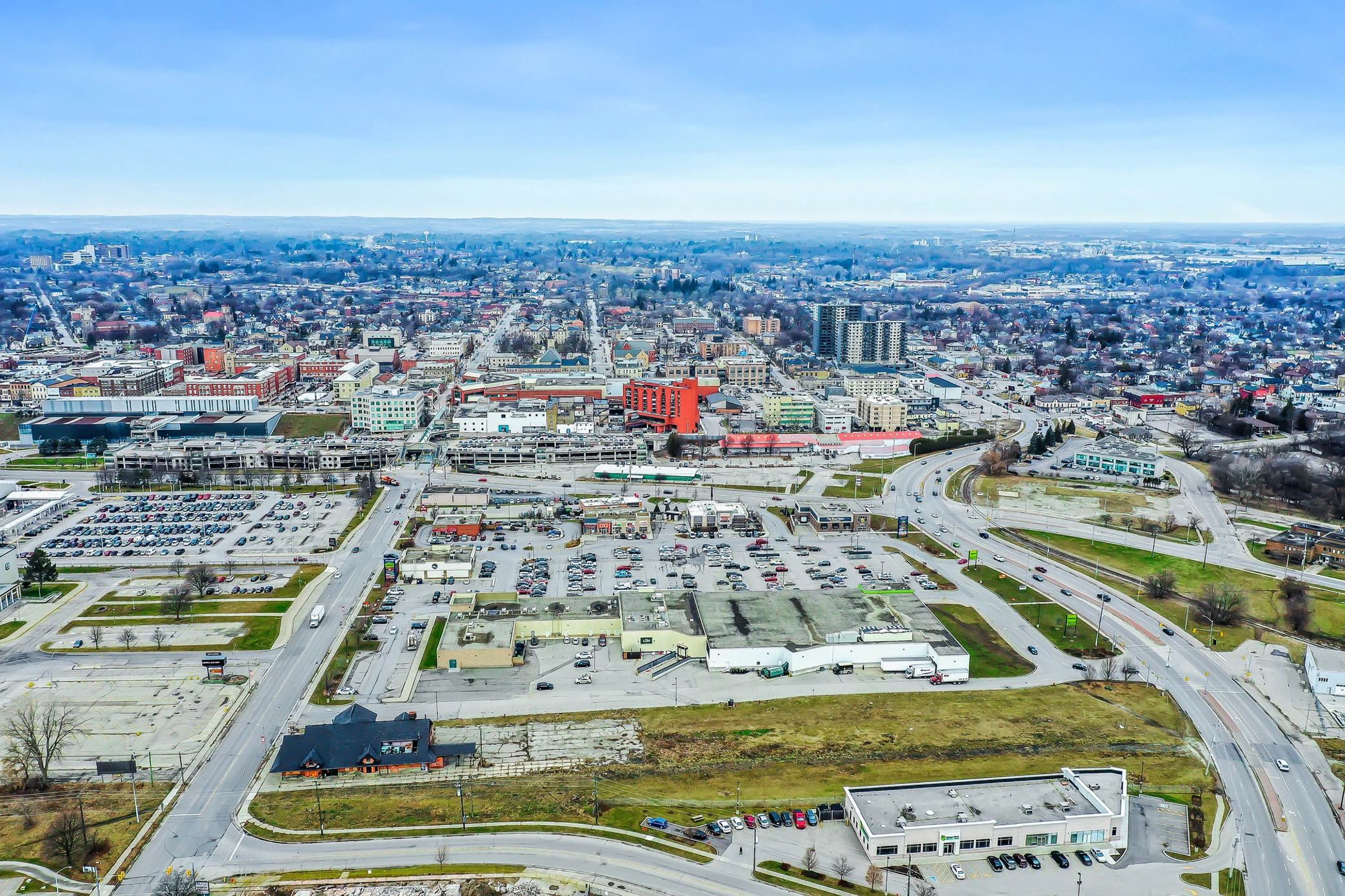 Aerial view of downtown Brantford, Ontario showing the 50 Market Street South plaza and surrounding medical catchment