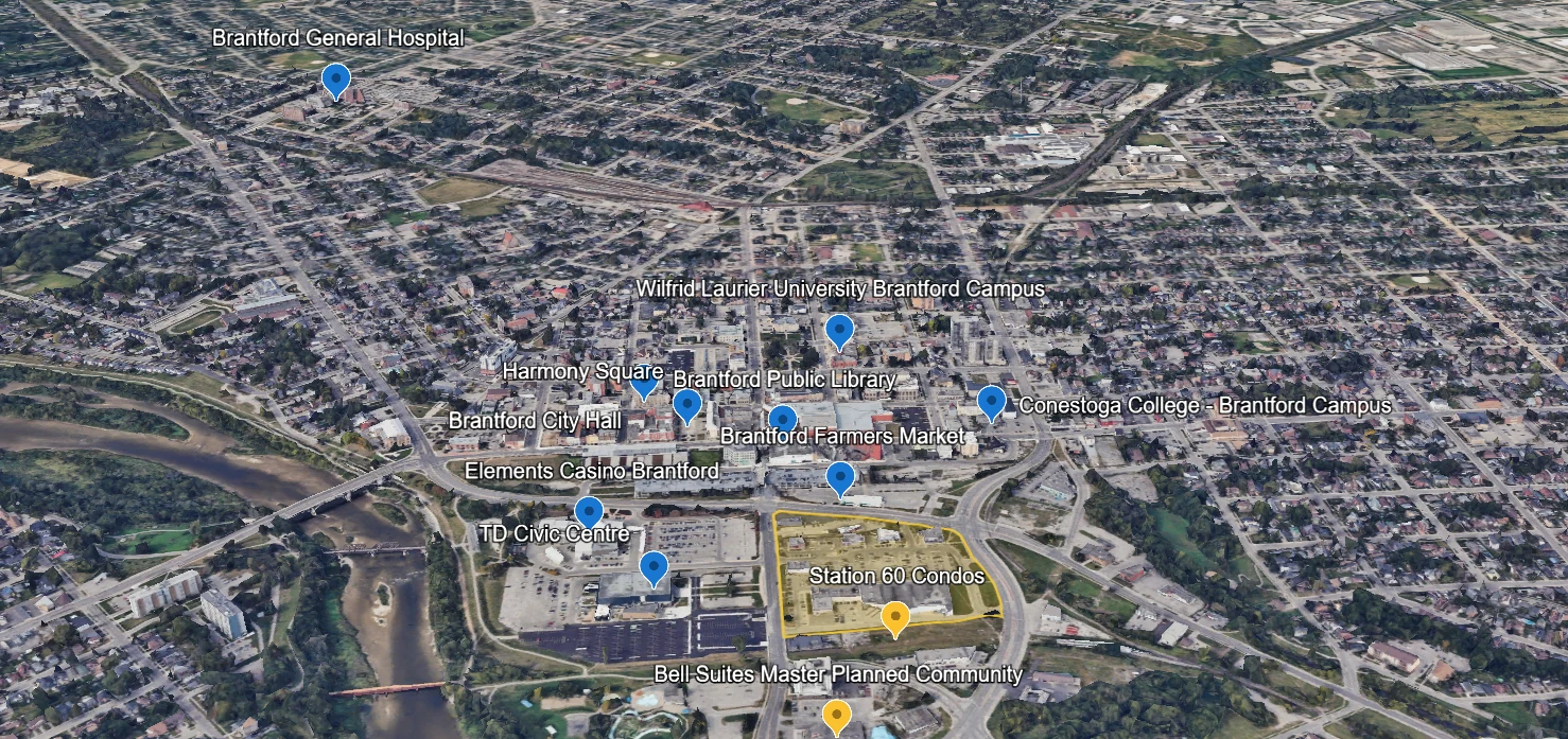 Map of Brantford showing 50 Market Street South relative to Brantford General Hospital, Wilfrid Laurier University Brantford campus, Conestoga College, Harmony Square and Highway 403