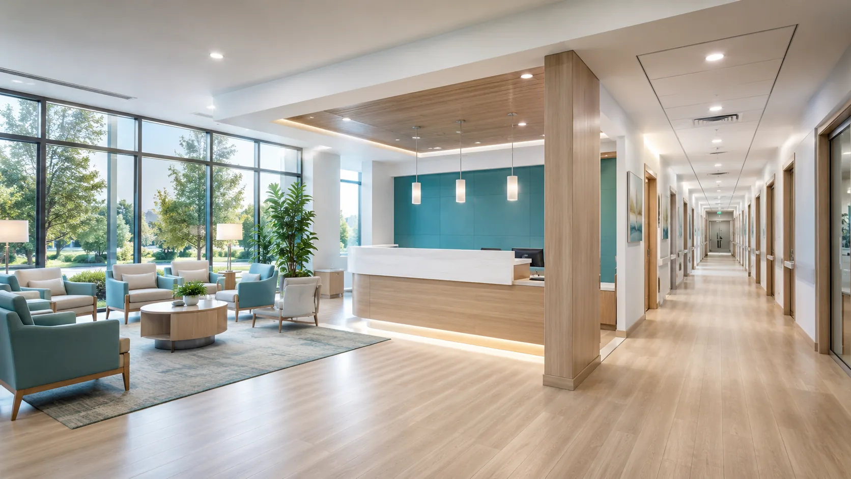 Interior rendering of a ground-floor medical clinic reception and corridor at 50 Market Street South
