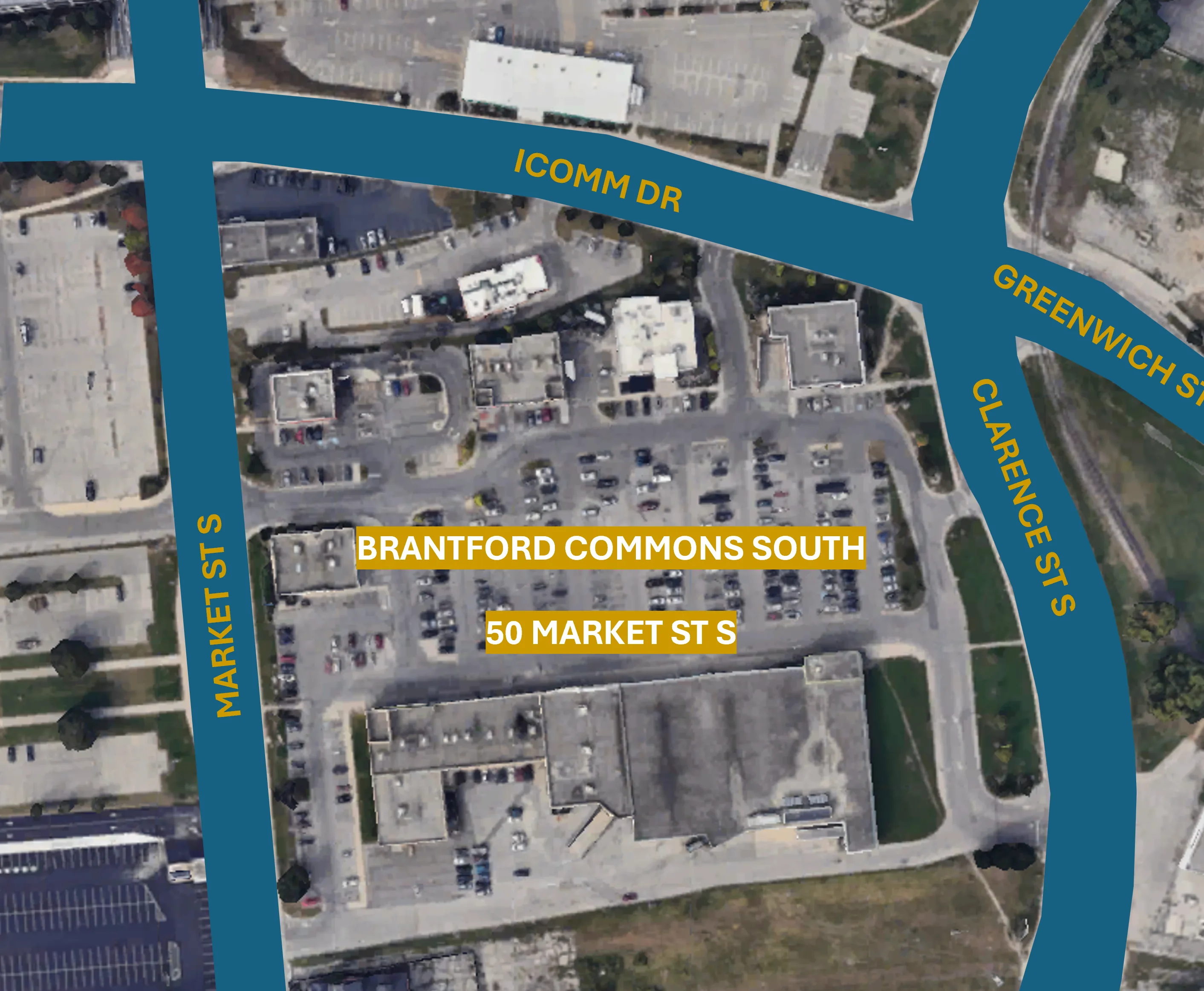 Satellite view of the 50 Market Street South site within Brantford Commons South