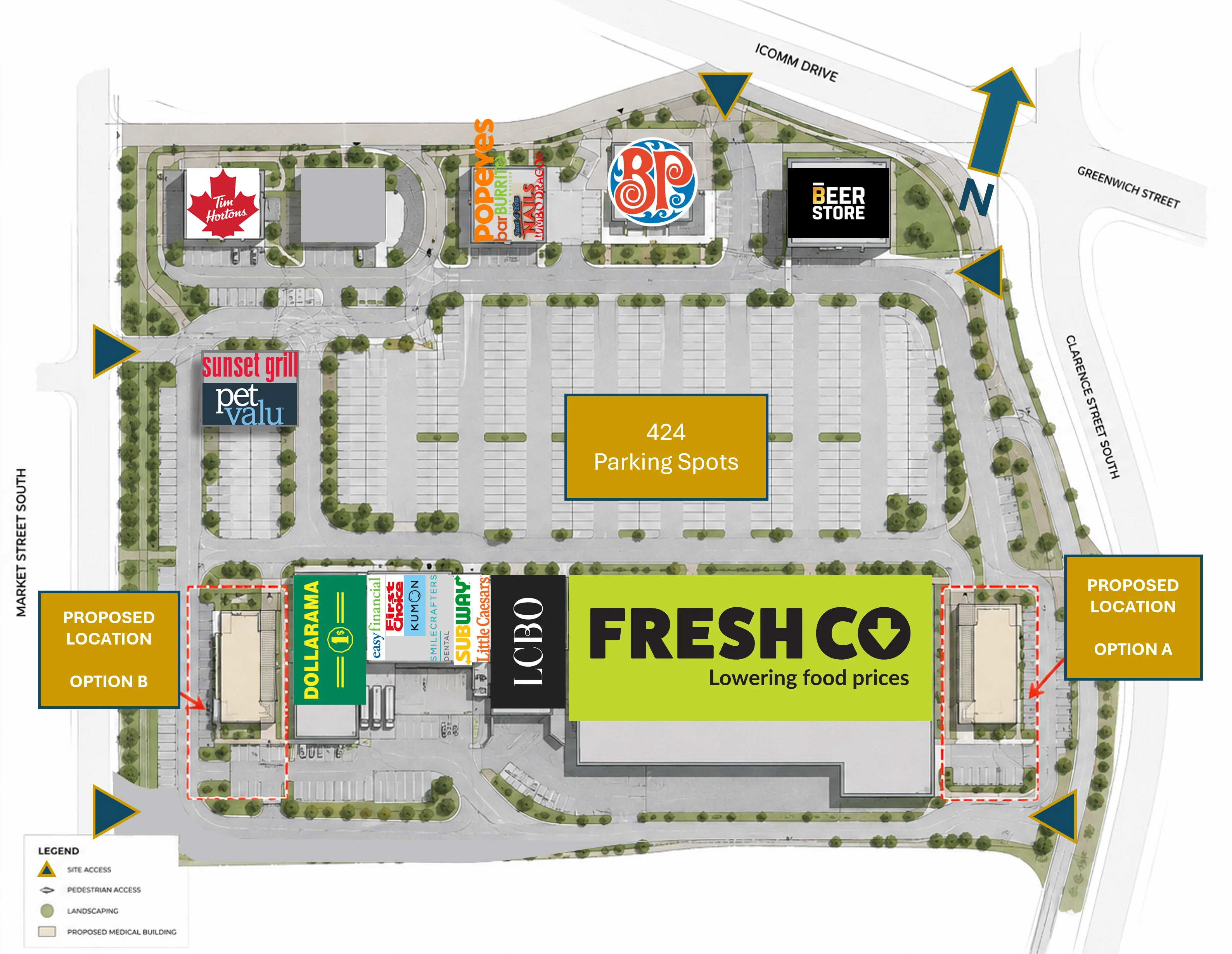 Site plan of 50 Market Street South showing proposed medical building locations Option A east and Option B west of the FreshCo anchor